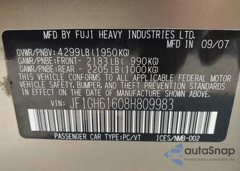 2008 Subaru Impreza 2.5I z USA, uszkodzony, nr VIN JF1GH61608H809983